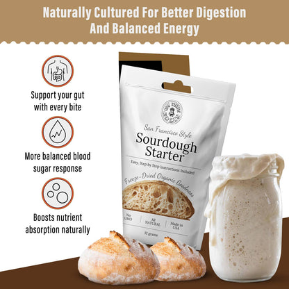 Sourdough starter package with bread and starter in a jar, labeled &