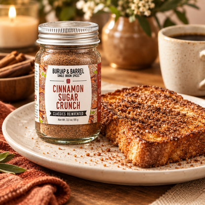 A jar of Burlap &amp; Barrel Cinnamon Sugar Crunch spice mix stands on a plate beside a slice of cinnamon toast, with a mug of coffee and warm candles in the background.