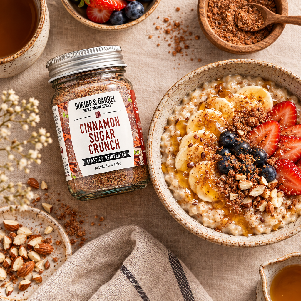 A jar of Burlap &amp; Barrel Cinnamon Sugar Crunch next to a bowl of oatmeal topped with the seasoning, bananas, blueberries, and strawberries.