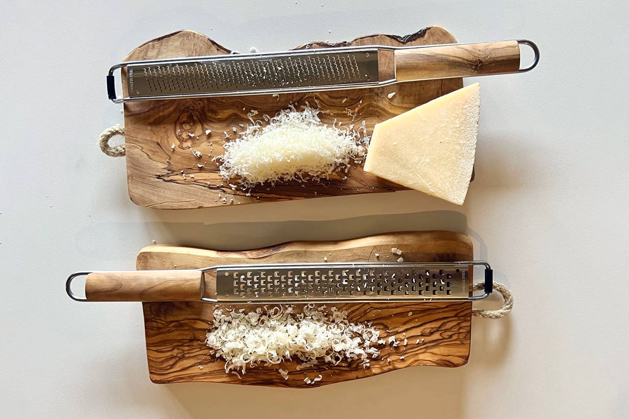 Set of coarse and fine Italian Mandolin Paddle Graters with grated cheese
