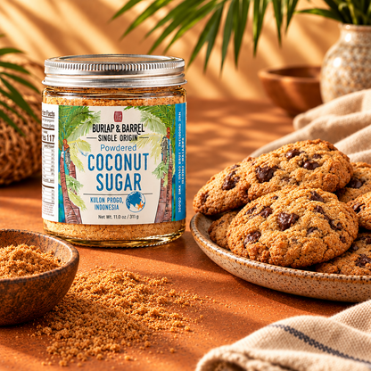 A jar of Burlap &amp; Barrel single-origin powdered coconut sugar sits on a warm brown surface beside bowls of the granulated sugar and chocolate chip cookies. The scene is styled with soft natural lighting, a beige cloth, and blurred tropical plants in the background.