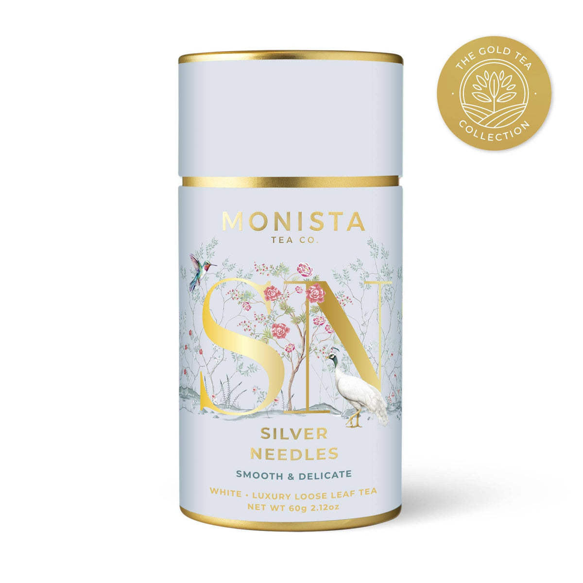 Monista Tea Co. Silver Needles tea canister on a white background