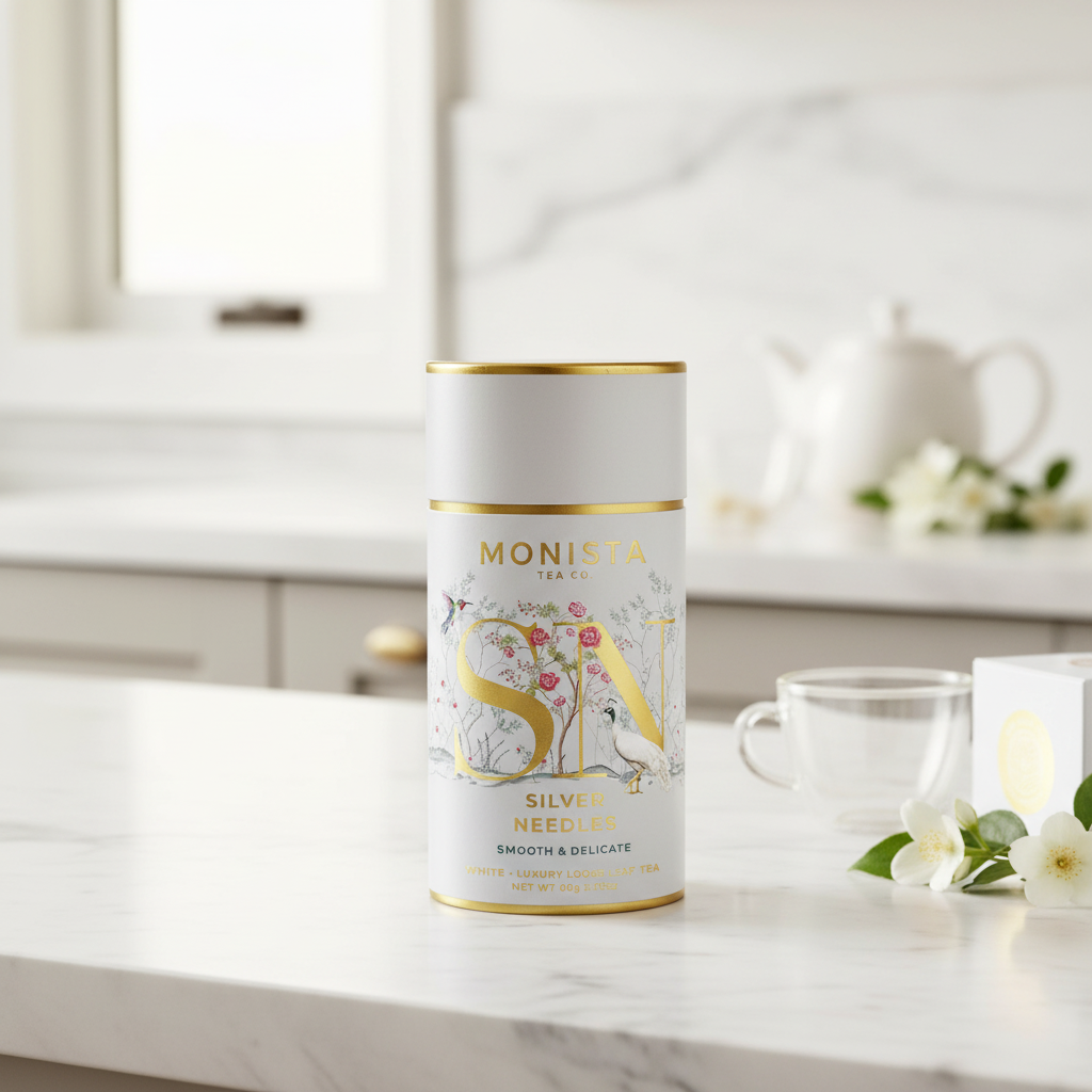 Canister of Monista Silver Needles Tea on a white countertop