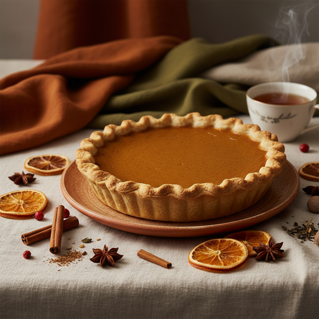 A baked pumpkin pie in a fluted tart crust sits on a ceramic plate on a tablecloth, surrounded by cinnamon sticks, star anise, dried orange slices, and a cup of tea with visible steam in the background.