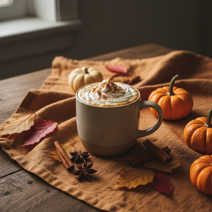 A beige ceramic mug filled with a pumpkin spice latte topped with whipped cream and toasted pepita pumpkin spice, set on a rustic wooden table with autumn props including small pumpkins, leaves, cinnamon sticks, and star anise.