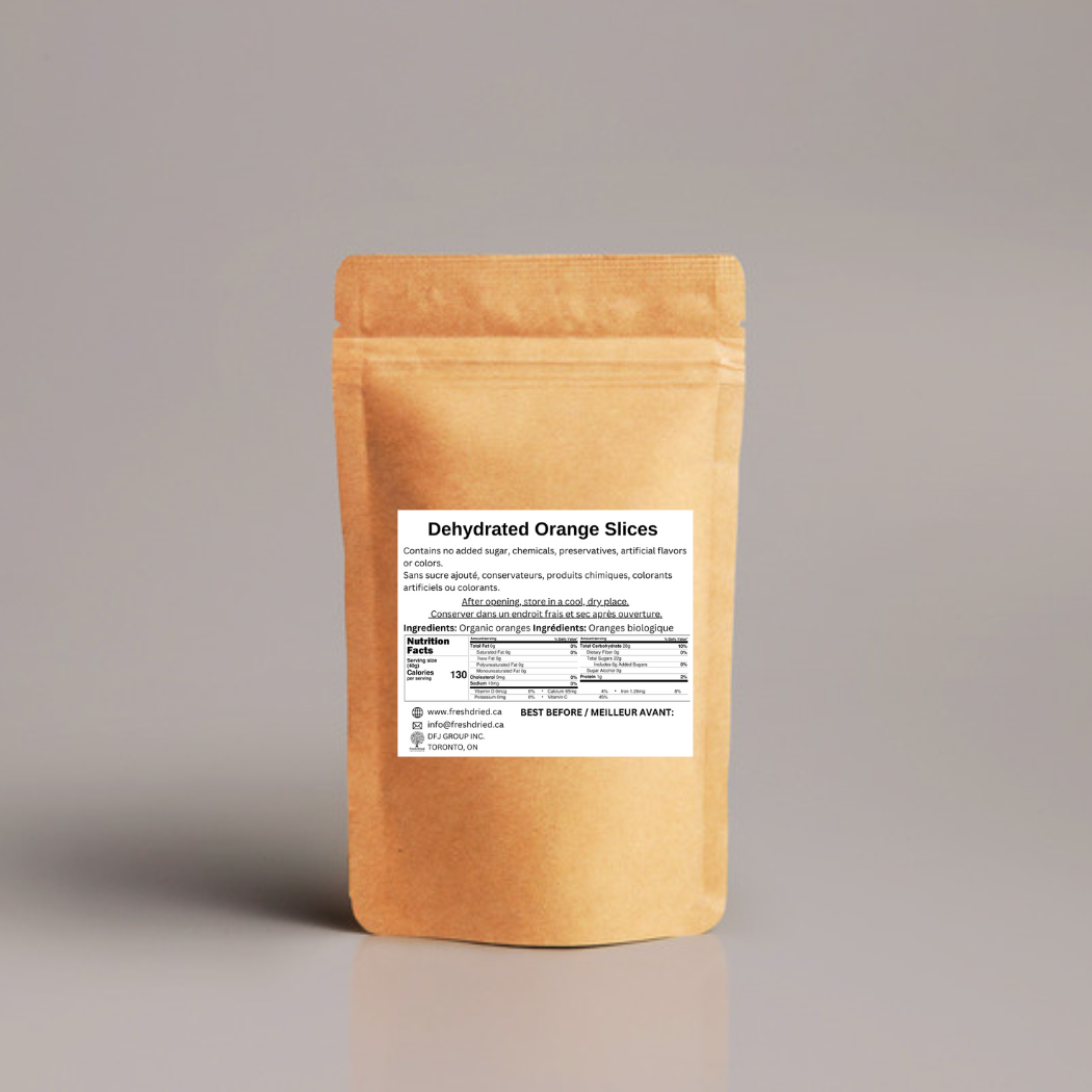 Dehydrated orange slices package with a label on a gray background