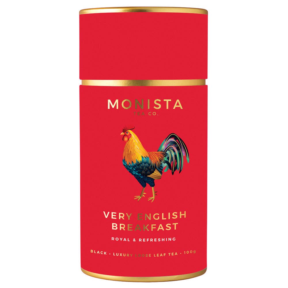 A red Monista Tea Co. Very English Break black tea canister on a white background