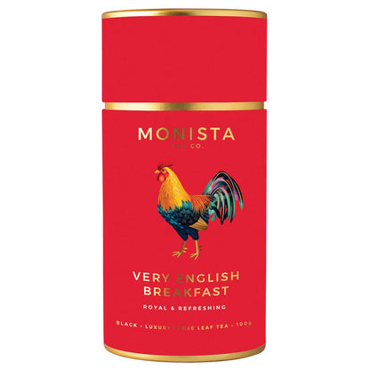 A red Monista Tea Co. Very English Break black tea canister on a white background