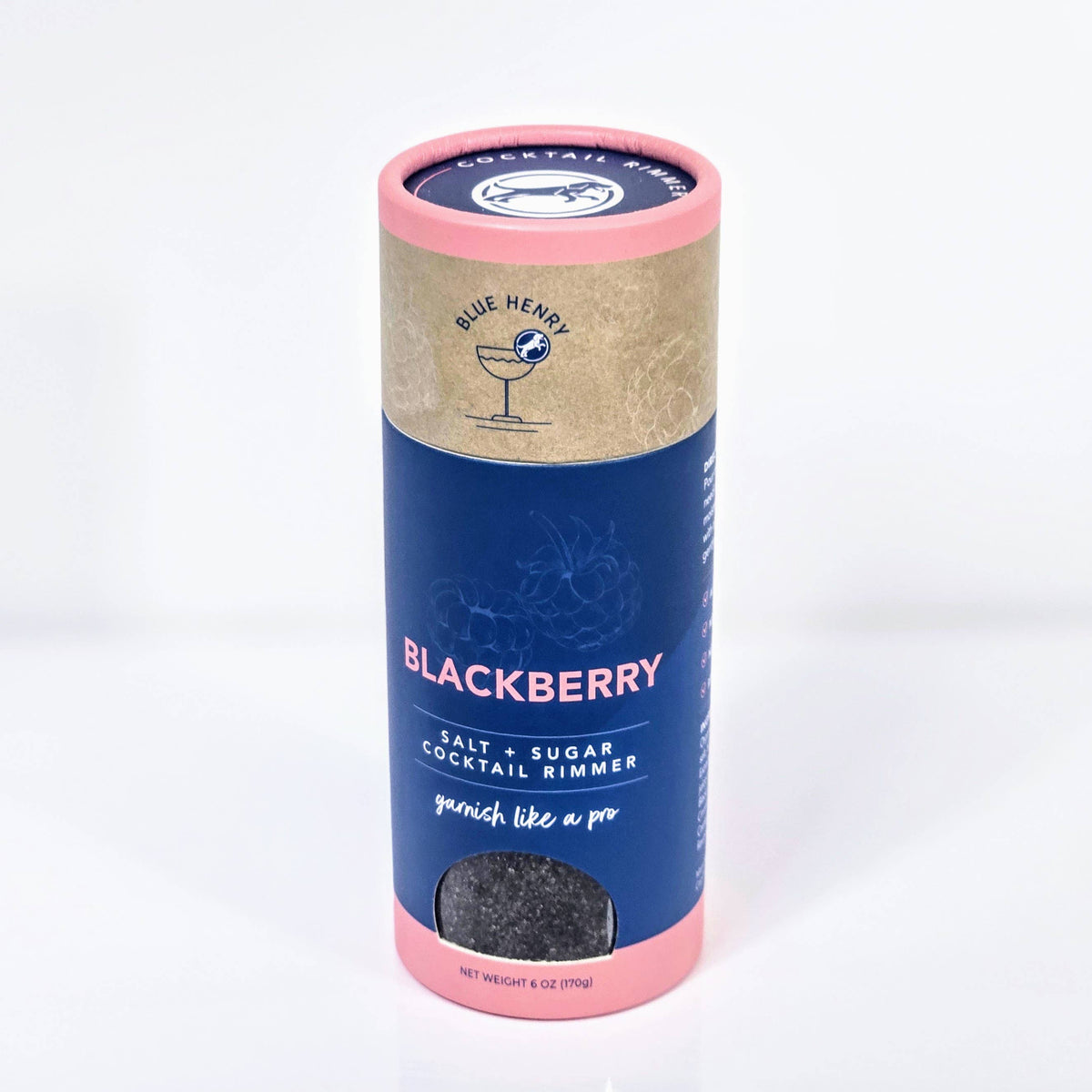 Blue and pink cylindrical packaging for Blackberry cocktail rimmer on a white background