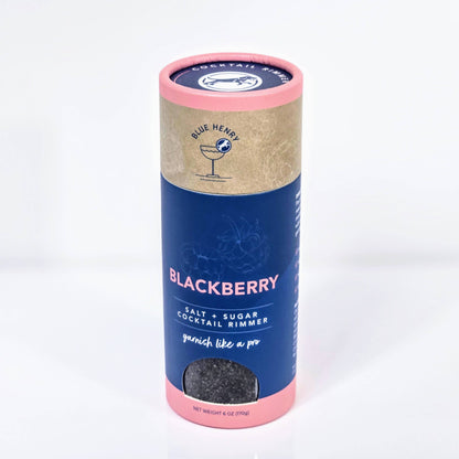 Blue and pink cylindrical packaging for Blackberry cocktail rimmer on a white background