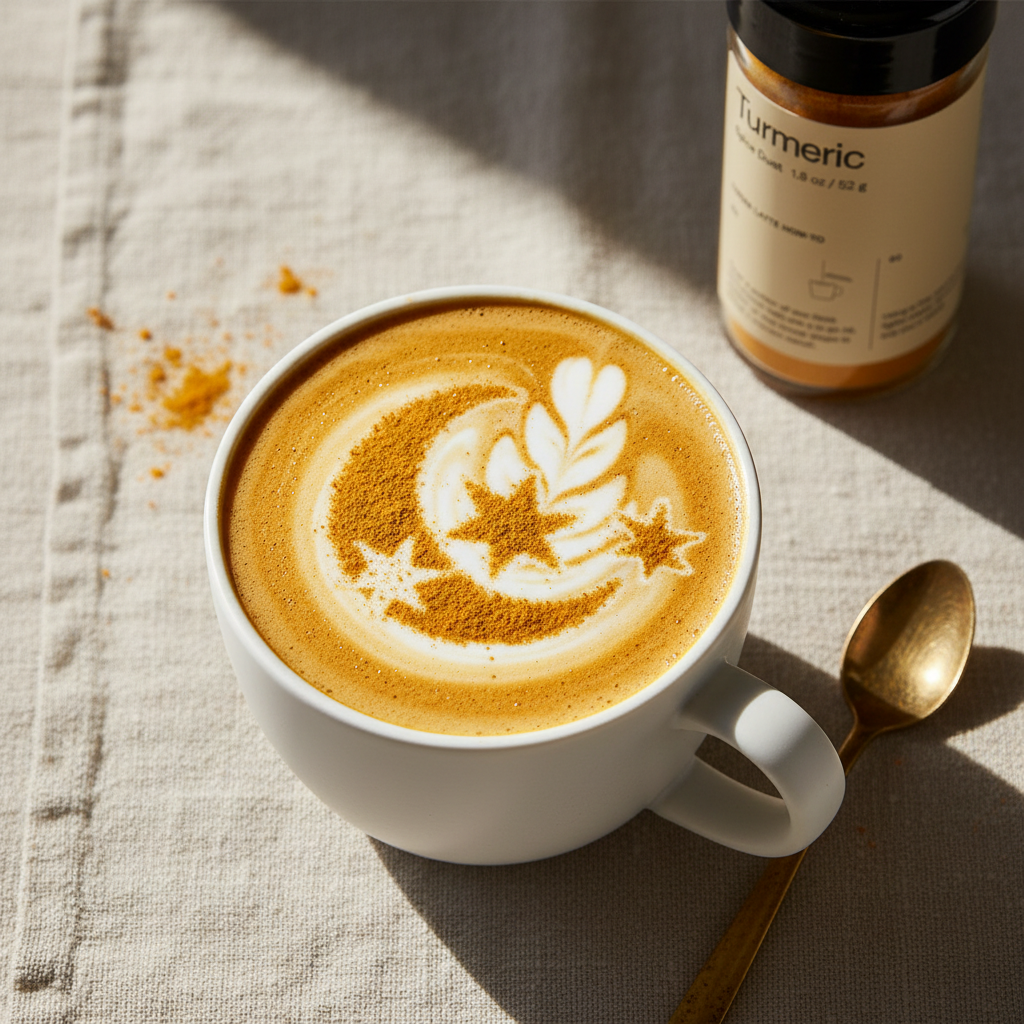 A latte in a white ceramic mug sprinkled with turmeric powder in a star and moon design.