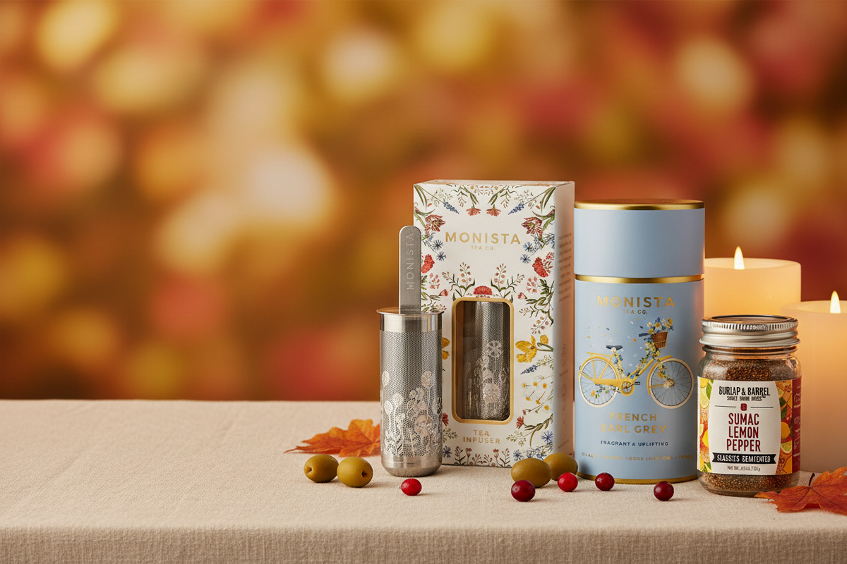 Fall hero featuring the Monista tea infuser gift box, French Earl Grey tea tin, and Sumac Lemon Pepper jar on a warm autumn backdrop