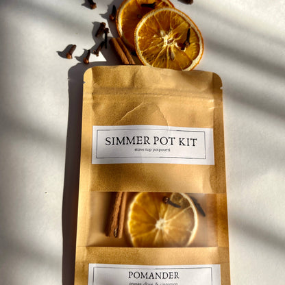 Simmer pot kit with pomander ingredients on a light background