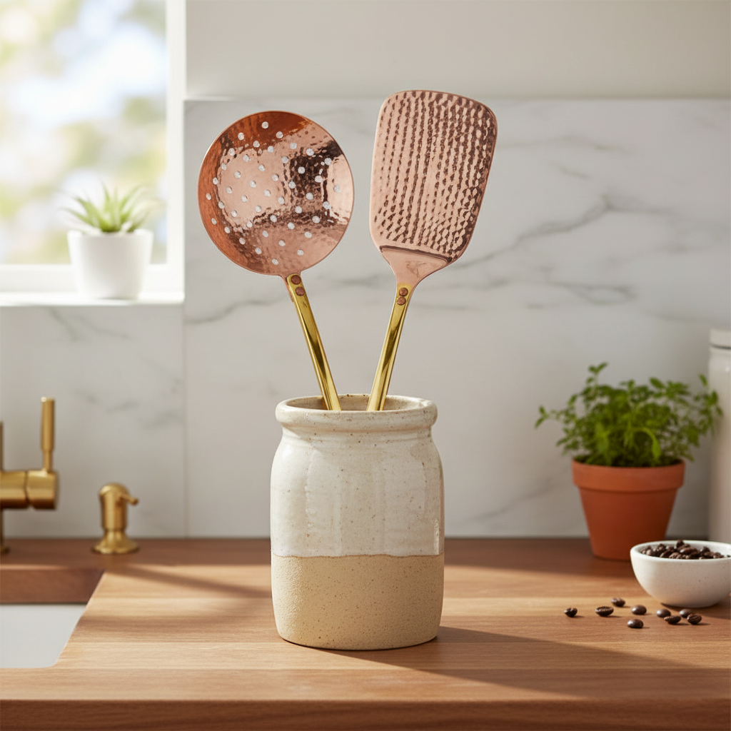 A skimmer and spatula with hammered copper-colored heads and gold handles, standing in a ceramic jar on a wooden countertop in a bright kitchen setting.