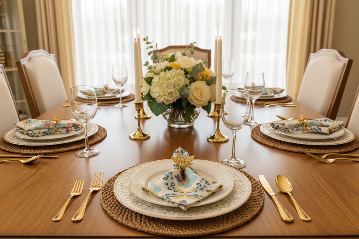 Table setting showing Honey Bee Napkin Rings with Honey Bee Napkins on plates