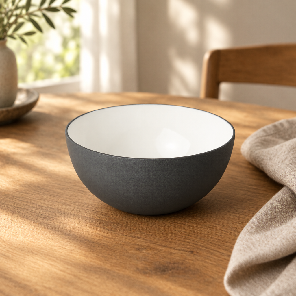 A dark gray and white bowl sits on a wooden dining table in a warm, sunlit room with a chair and plant in the background.