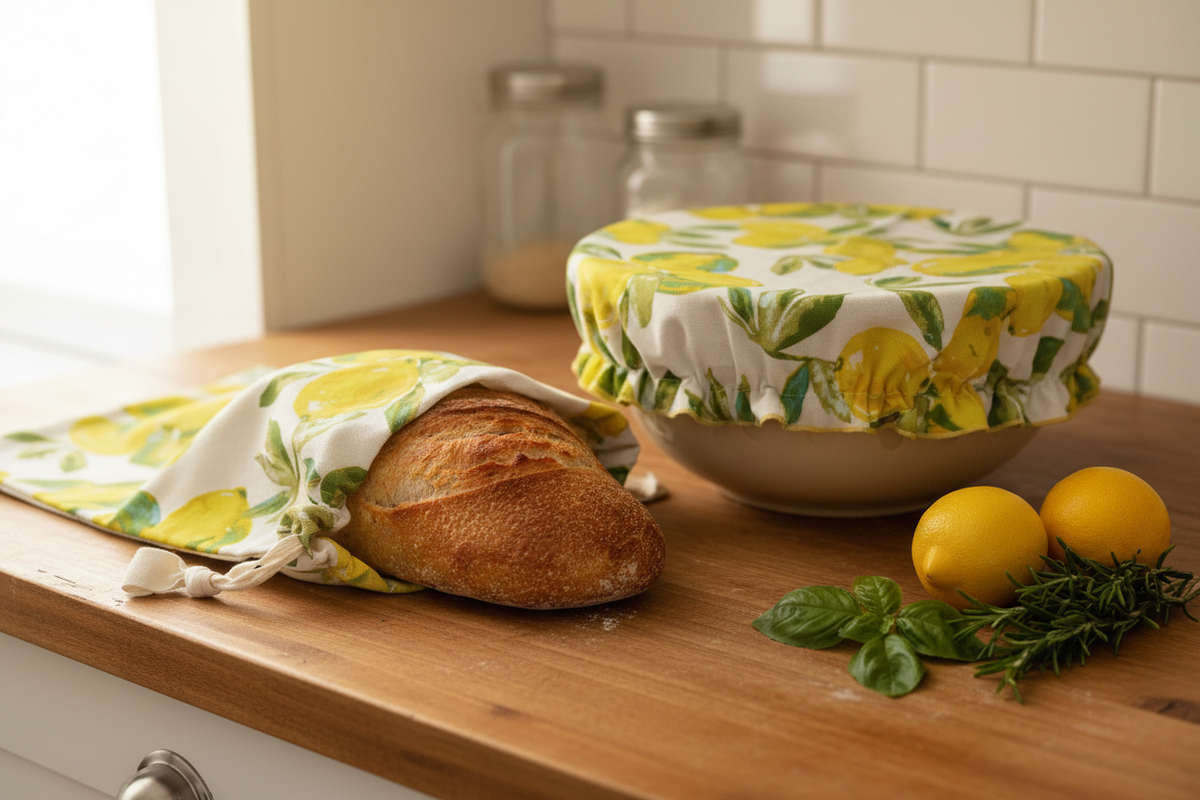 Limoncello patterned bread bag and bowl cover in a kitchen