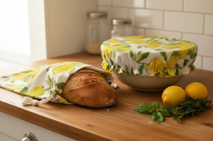 Limoncello patterned bread bag and bowl cover in a kitchen