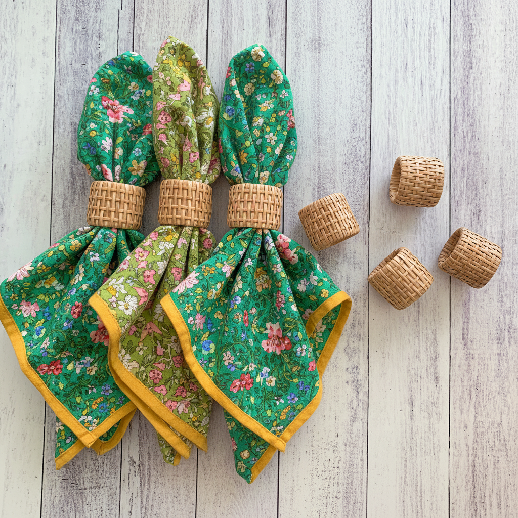 Rattan Napkin Rings with floral napkins on a wooden service