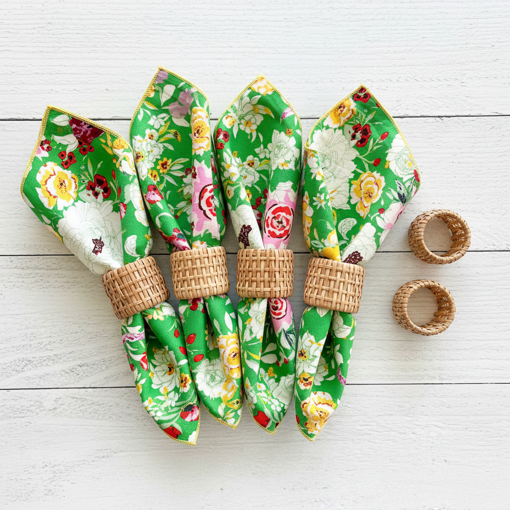 Rattan Napkin Rings with Terrace Garden Napkins