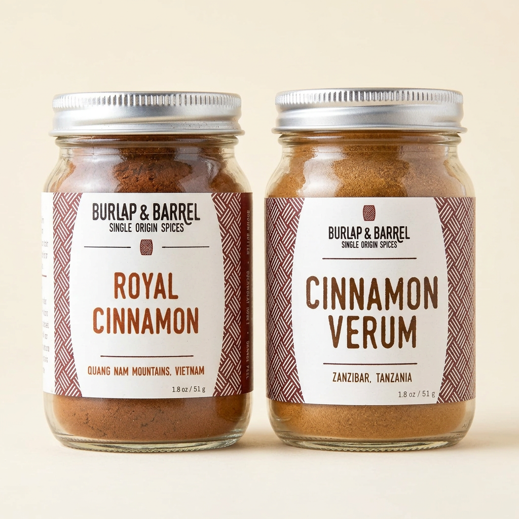 Royal Cinnamon and Cinnamon Verum jars side by side on a cream colored background