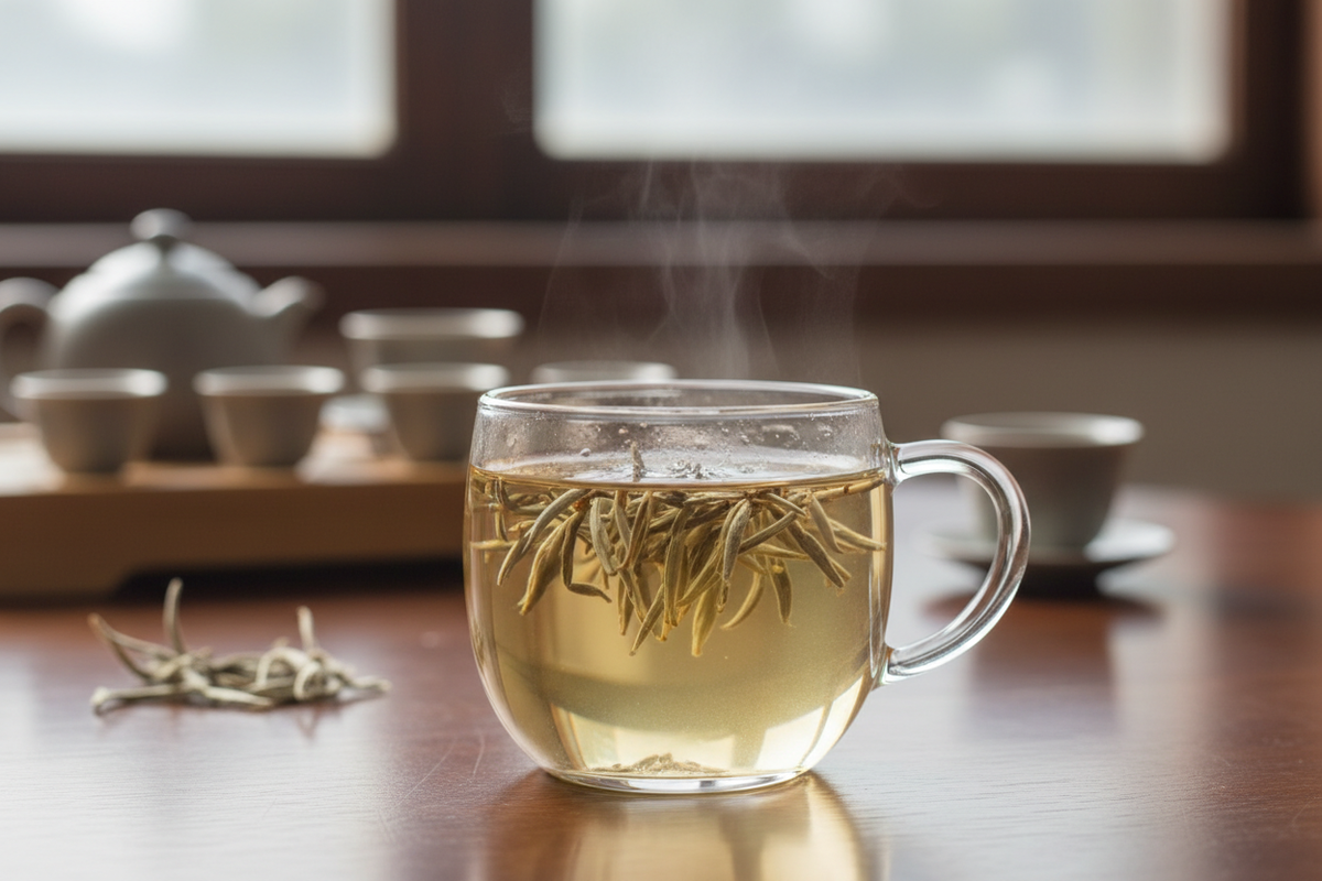 Silver Needles Tea in Clear Cup