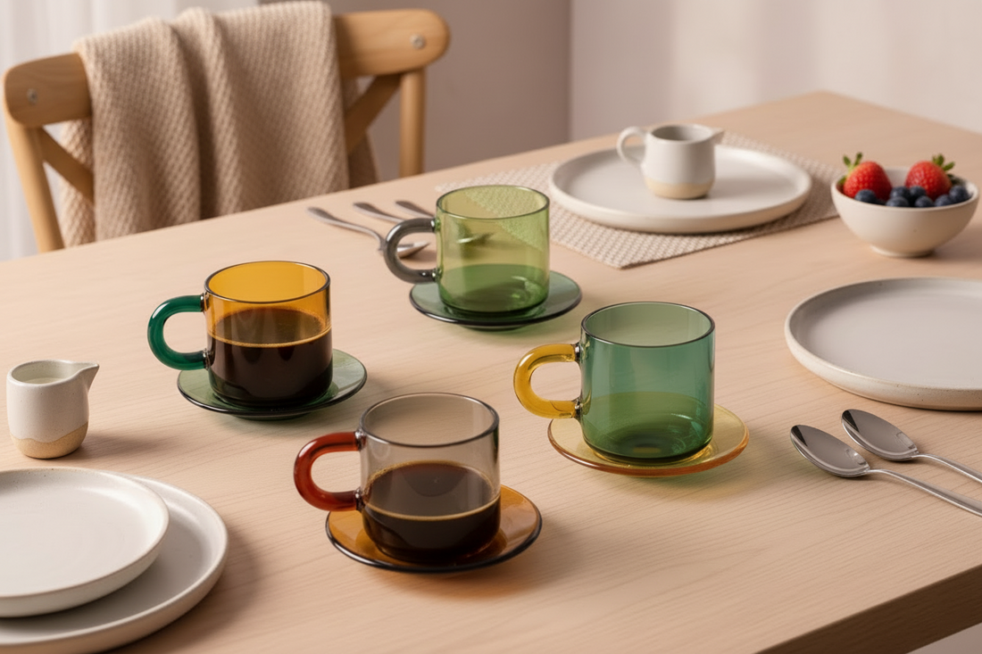 A set of colorful espresso cups on a kitchen table