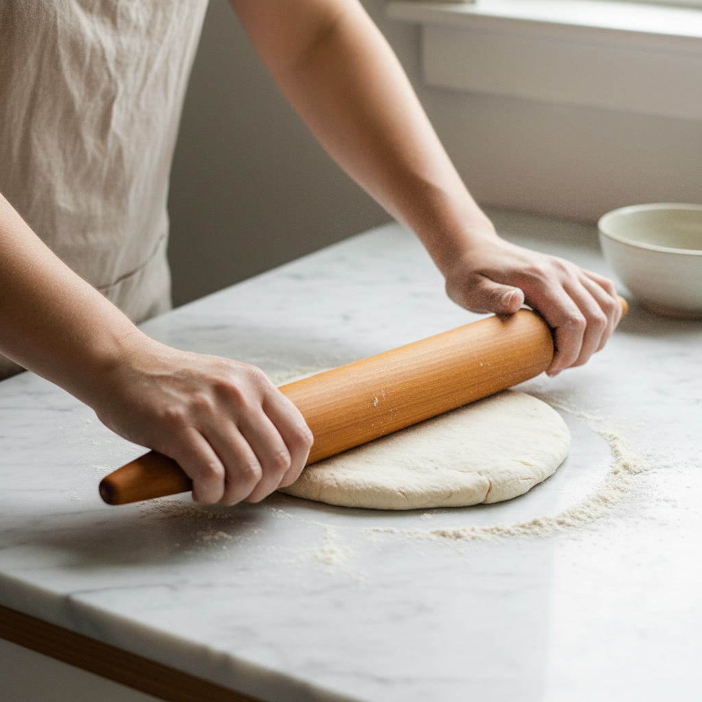 Teak rolling pin being used to roll out dough on a countertop