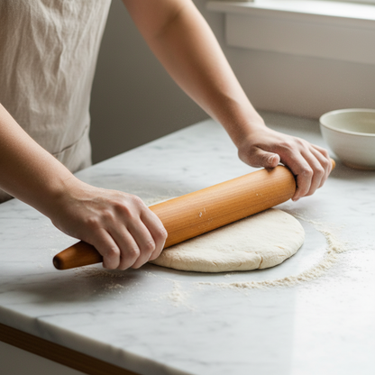 Teak rolling pin being used to roll out dough on a countertop