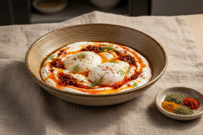 A ceramic bowl filled with cilbur (turkish eggs) - a dish of poached eggs in a yogurt sauce topped with a butter and aleppo pepper sauce. It&