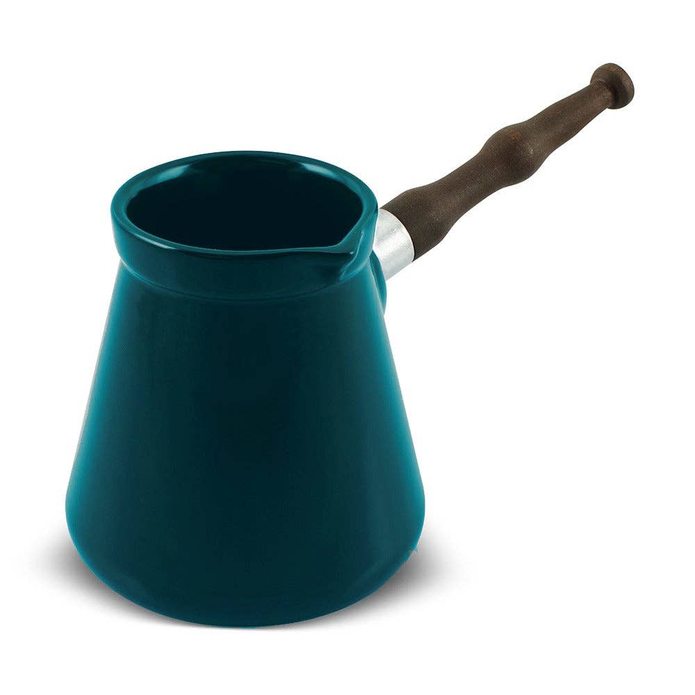 Teal coffee pot with a wooden handle on a white background