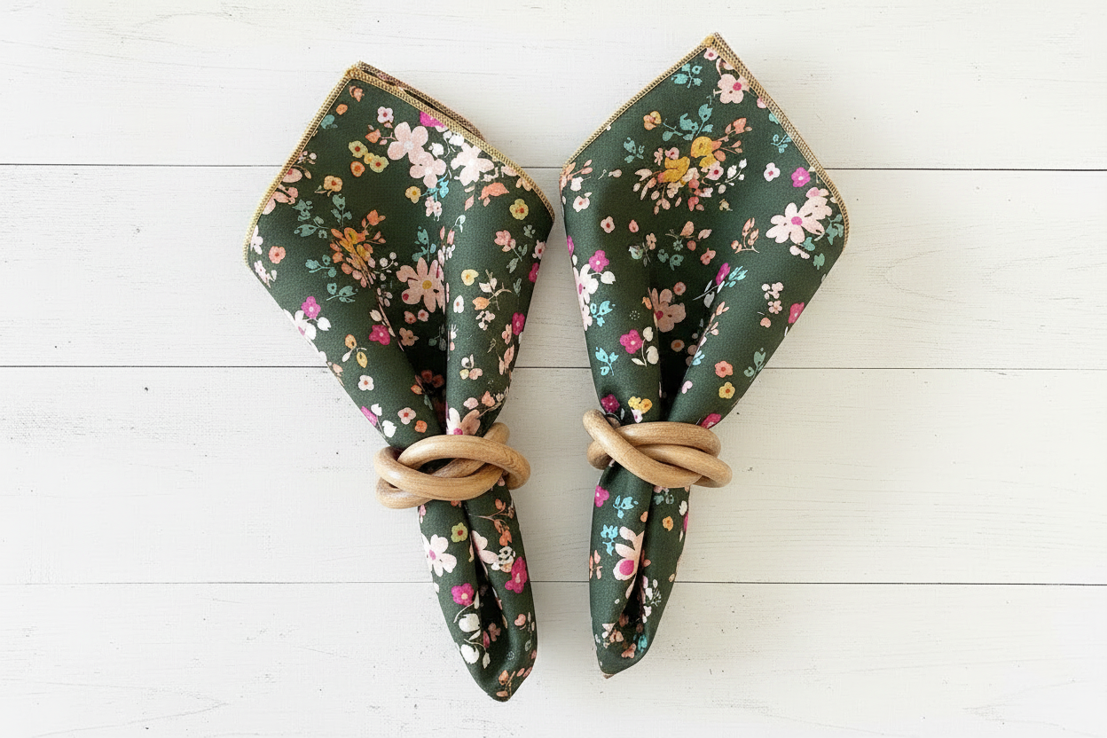 Dancing flowers napkins with wood bangle rings