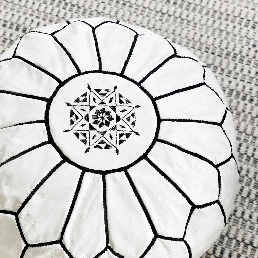Black and White Moroccan Leather Pouf - Tea + Linen