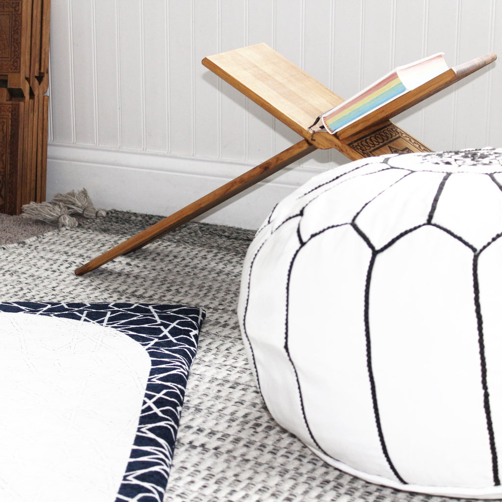 Black and White Moroccan Leather Pouf - Tea + Linen
