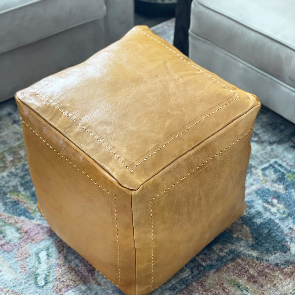 Handcrafted Natural Leather Simple Square Pouf- Tan – souks du monde