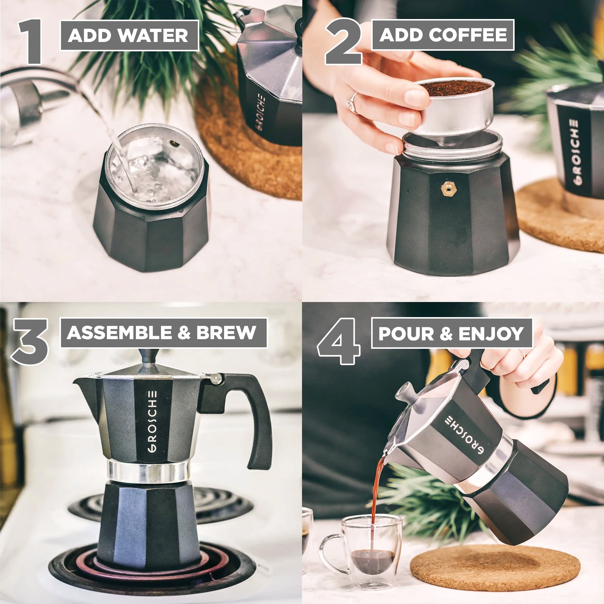 Grosche Milano Stovetop Espresso Maker, Black - Tea + Linen