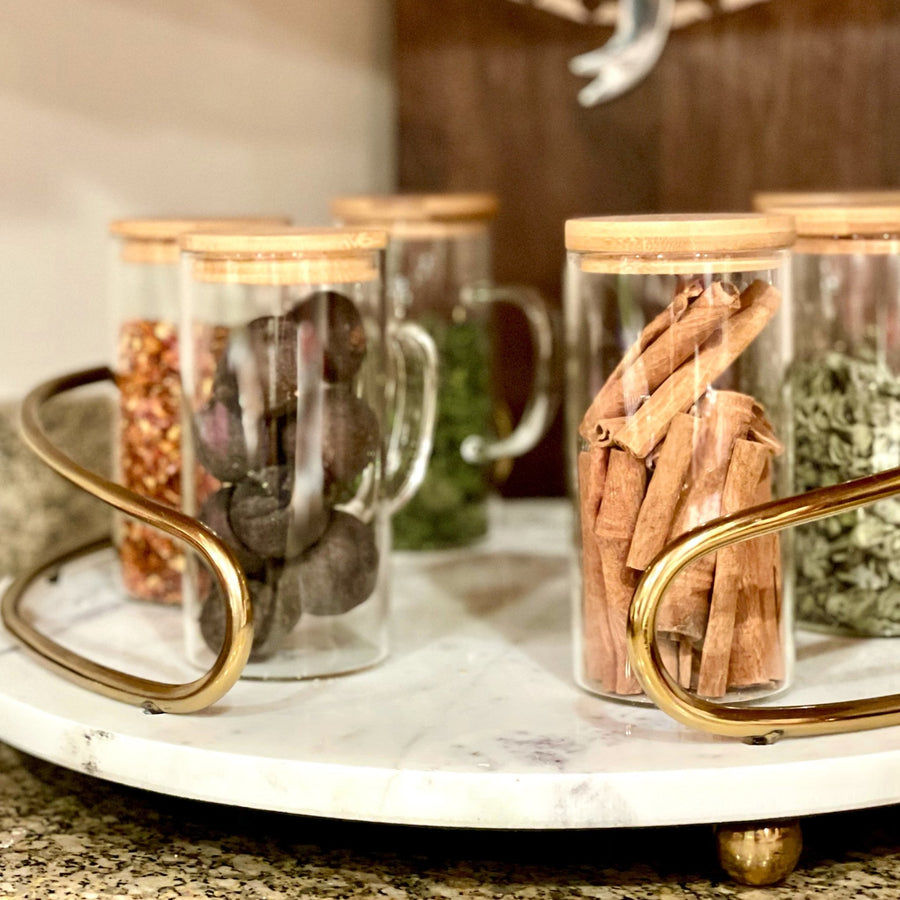 Hand Blown Glass & Bamboo Pitcher & Cups – Tea + Linen