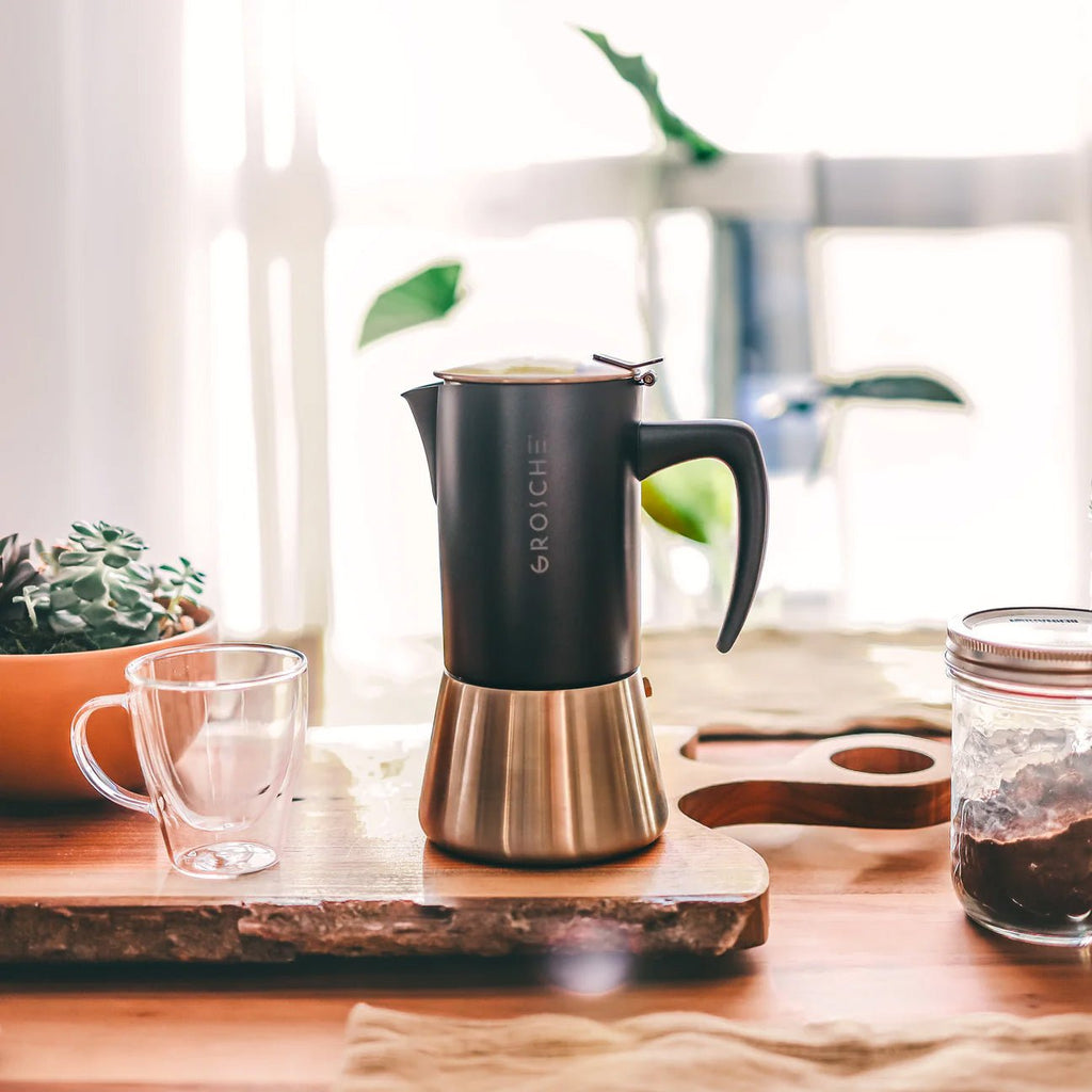 Milano Steel Stovetop Espresso Maker, Black Tea + Linen