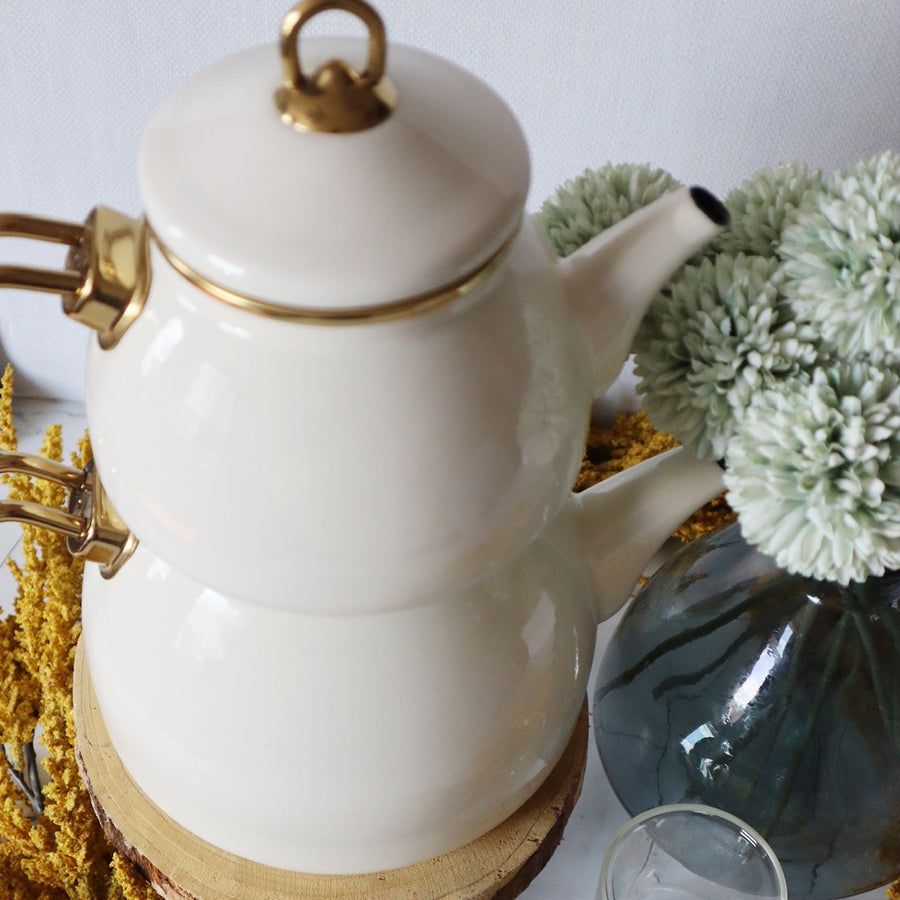 Off-White Enamel Double Teapot - Tea + Linen