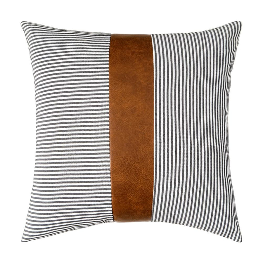 Striped Pillow Cover with Faux Leather Accent - Tea + Linen