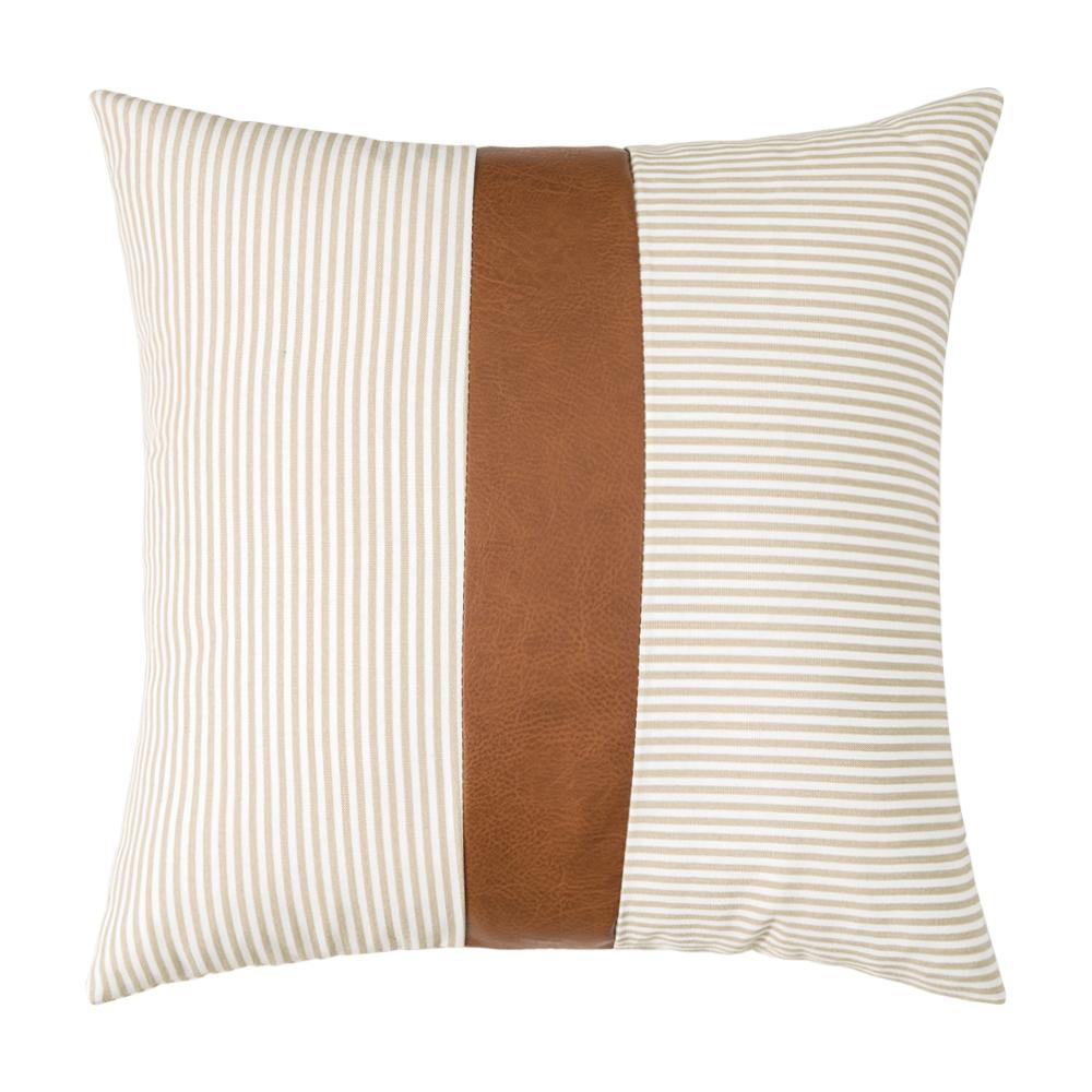 Striped Pillow Cover with Faux Leather Accent - Tea + Linen