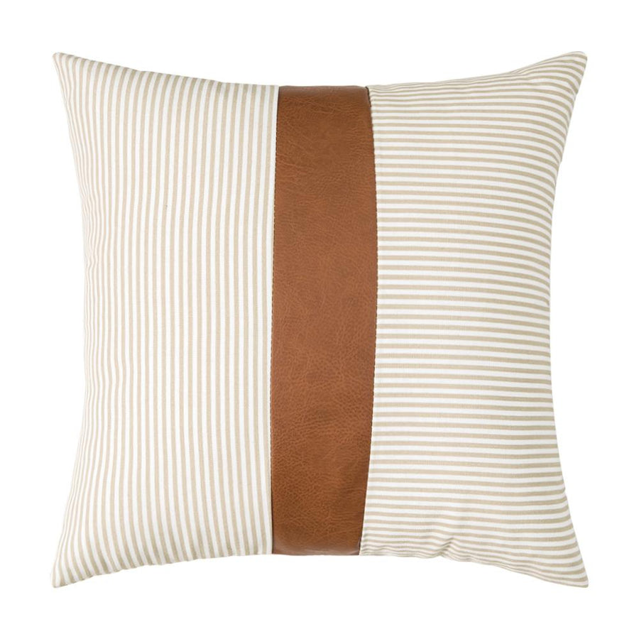 Striped Pillow Cover with Faux Leather Accent - Tea + Linen