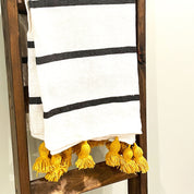 Striped Throw with Yellow Pom Poms - Tea + Linen