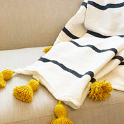 Striped Throw with Yellow Pom Poms - Tea + Linen