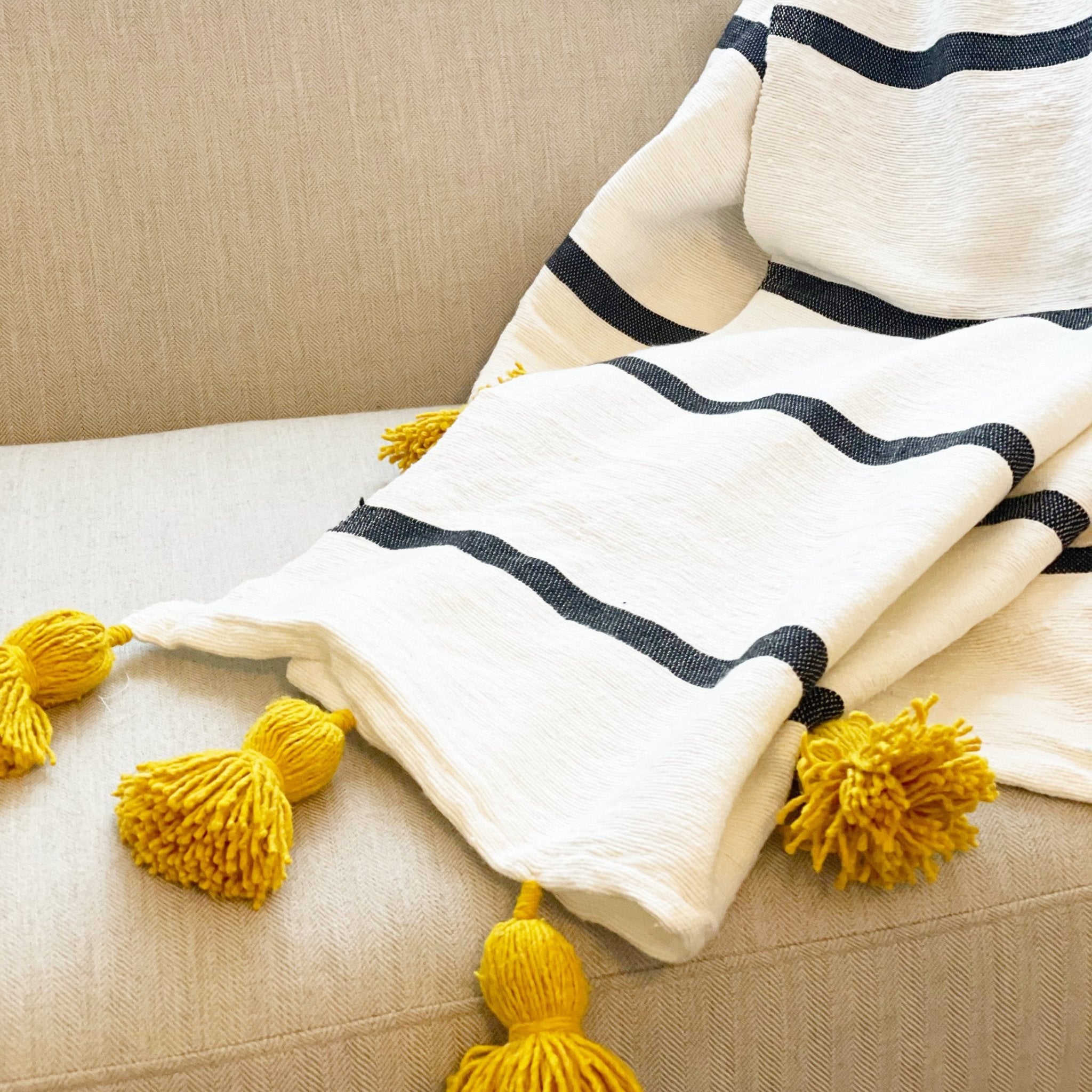 Striped Throw with Yellow Pom Poms - Tea + Linen