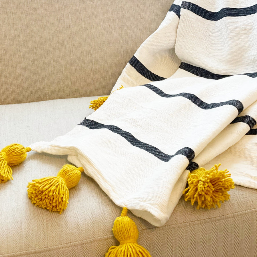 Striped Throw with Yellow Pom Poms - Tea + Linen
